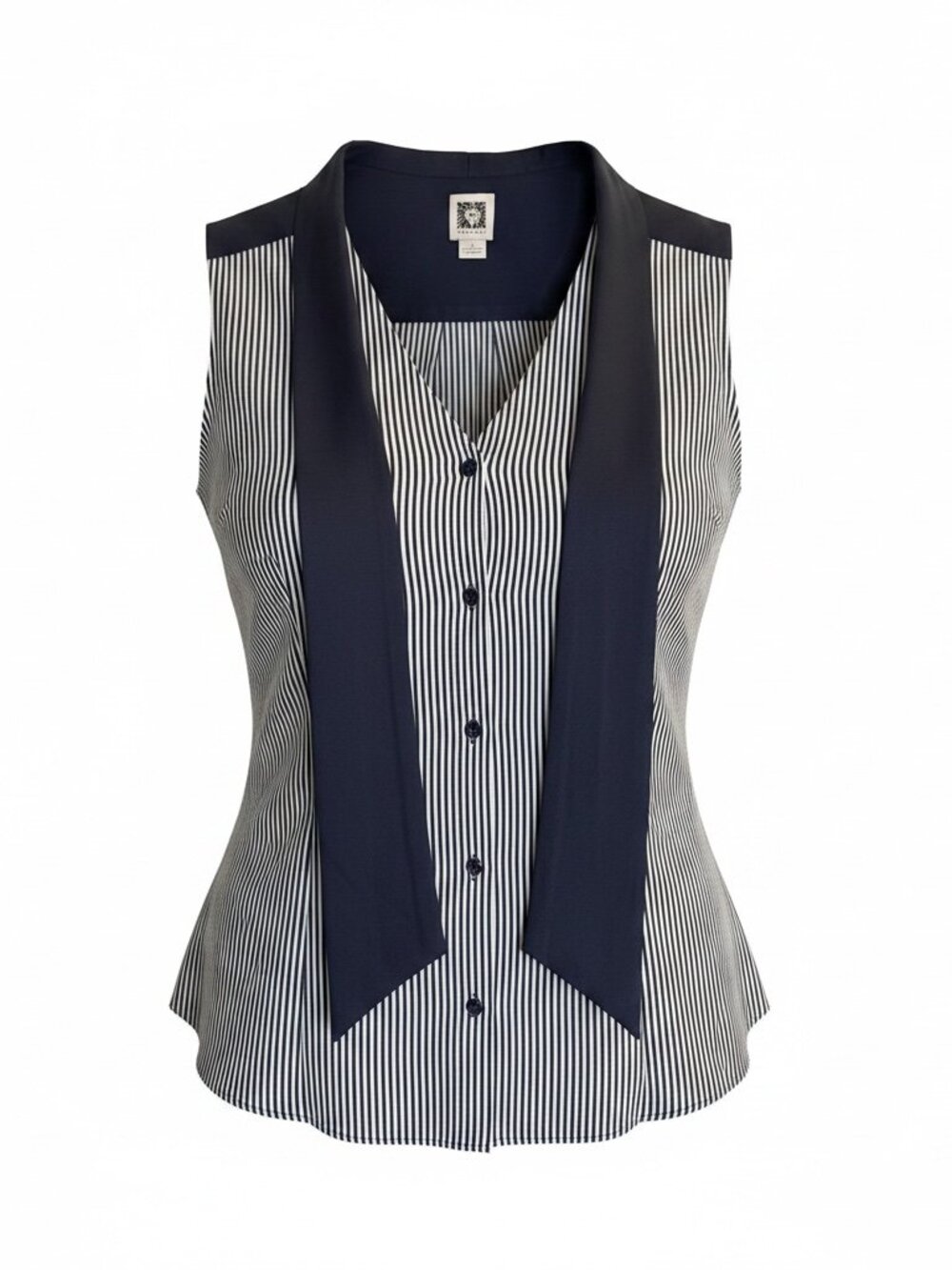 Anne Klein Striped Sleeveless Blouse w/Attached Contrast Tie Front Detail Size L